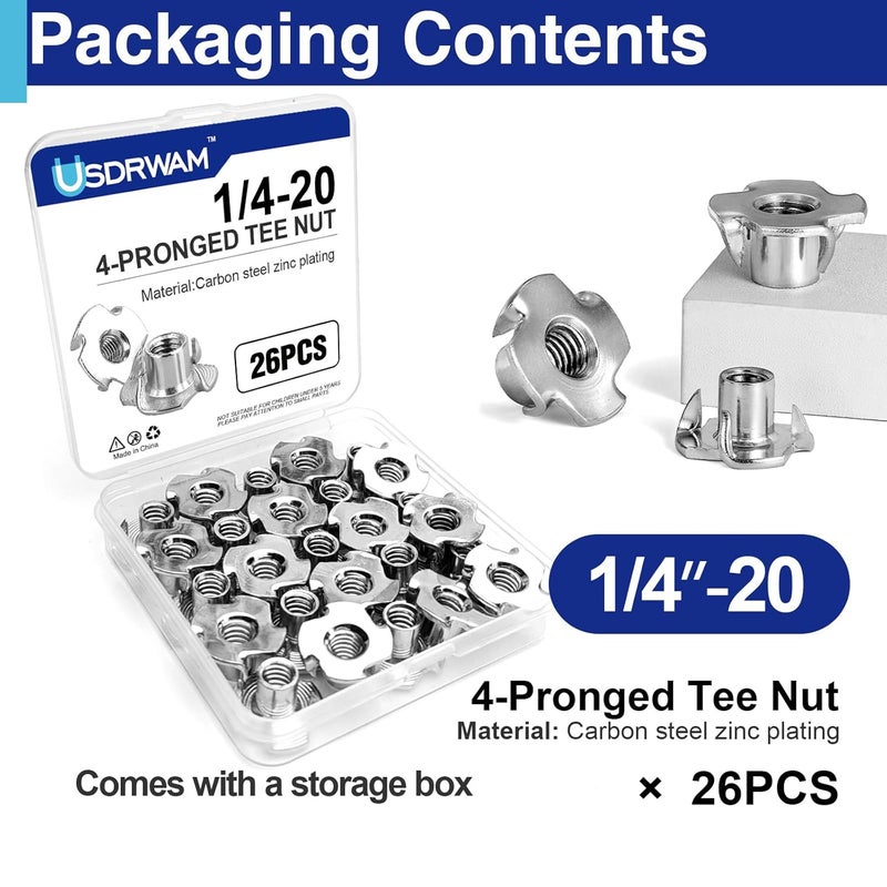 Usdrwam 26 Pack 1/4"-20 T Nuts for Wood, Zinc-Plated Carbon Steel 4-Prong Tee Nuts for Furniture, Cabinets, and Rock Climbing Holds - Image 3